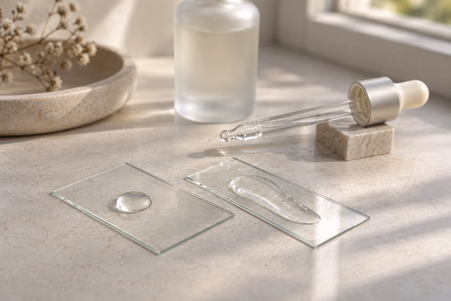AI development illustration of a clear bead and gel-like smear on separate glass slides with a dropper resting on a support