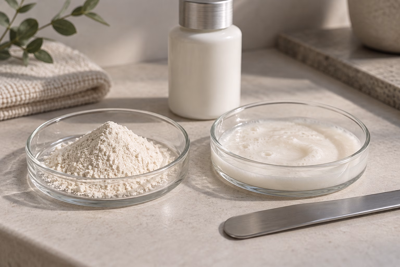 AI development illustration comparing dry cleansing powder and a water-mixed cream texture concept