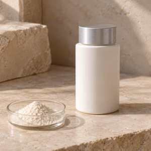 AI development illustration of a blank cleansing powder bottle and loose powder concept on a sample-review table