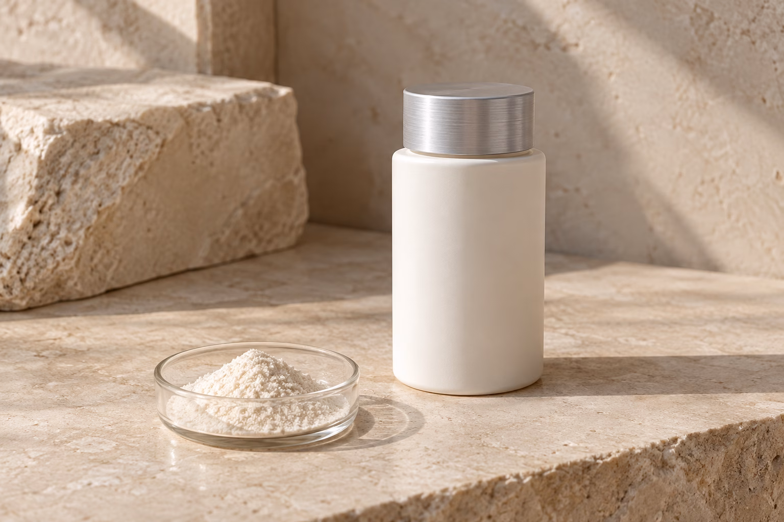 AI development illustration of a blank cleansing powder bottle and loose powder concept on a sample-review table