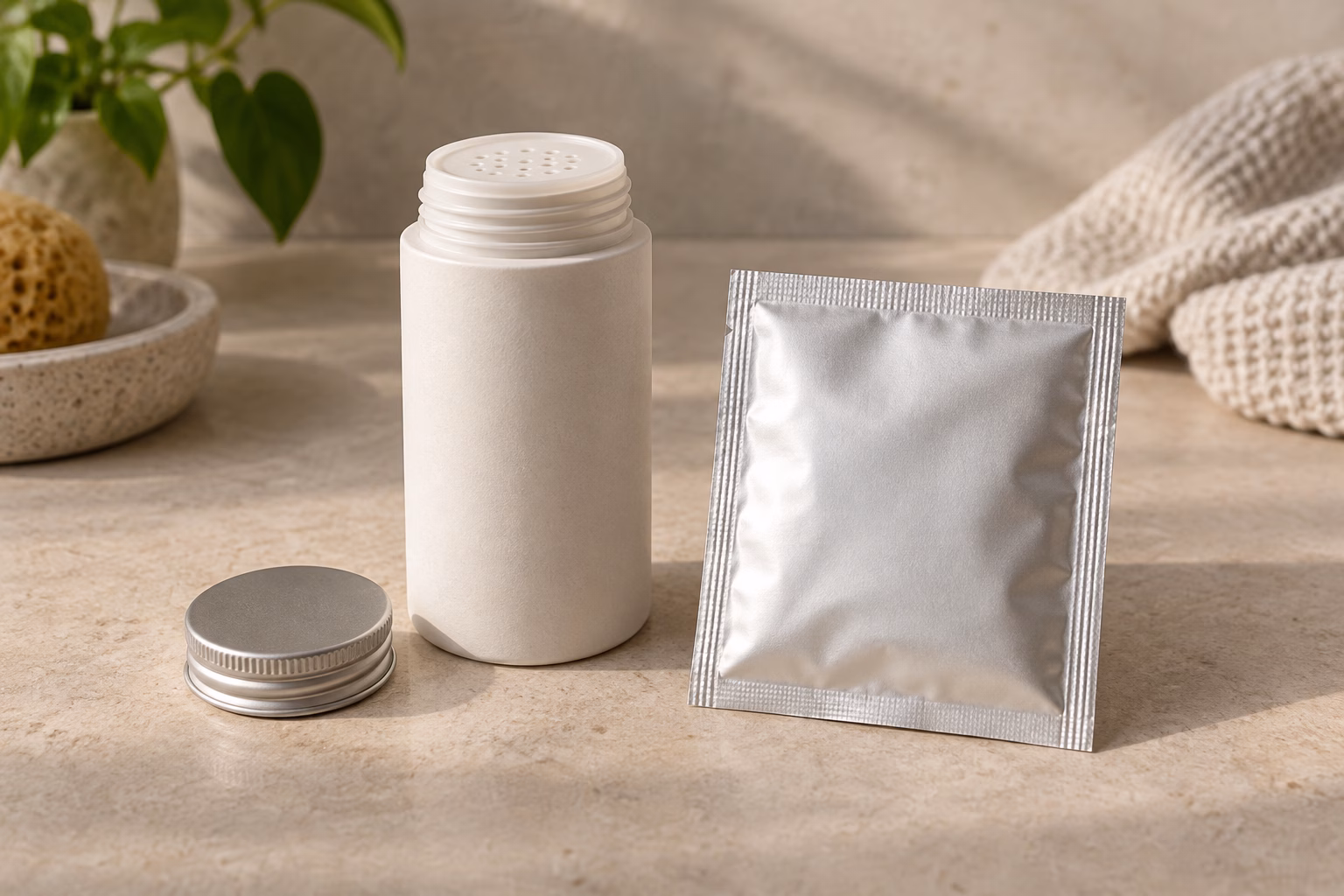 AI development illustration of bottle, sifter and sachet packaging options for a cleansing powder