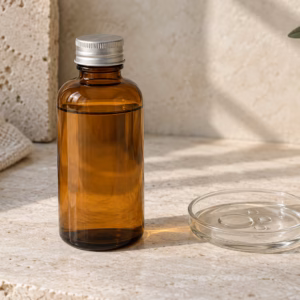 AI development illustration of an amber bottle and clear liquid sample direction for an exfoliating toner