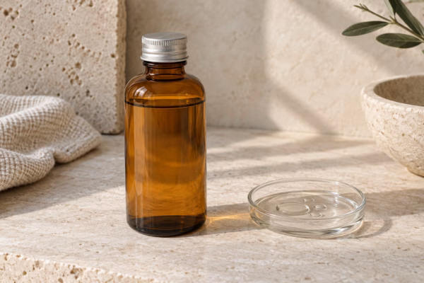 AI development illustration of an amber bottle and clear liquid sample direction for an exfoliating toner