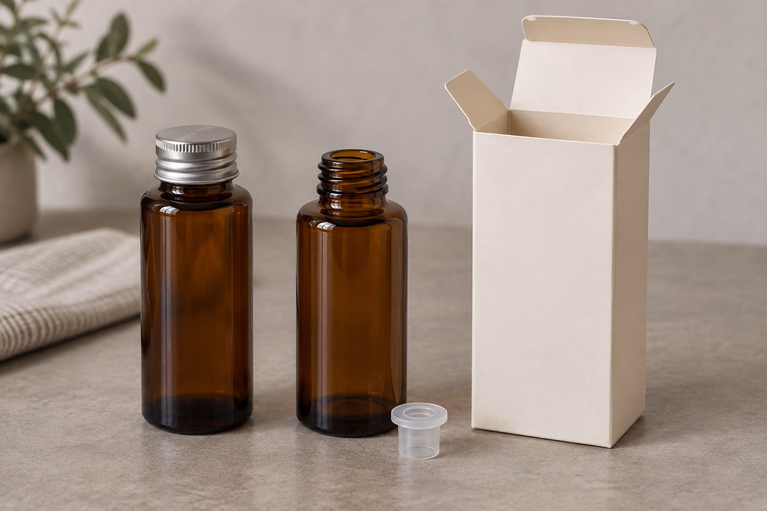 AI development illustration of amber bottle, reducer insert and folding carton packaging options for toner