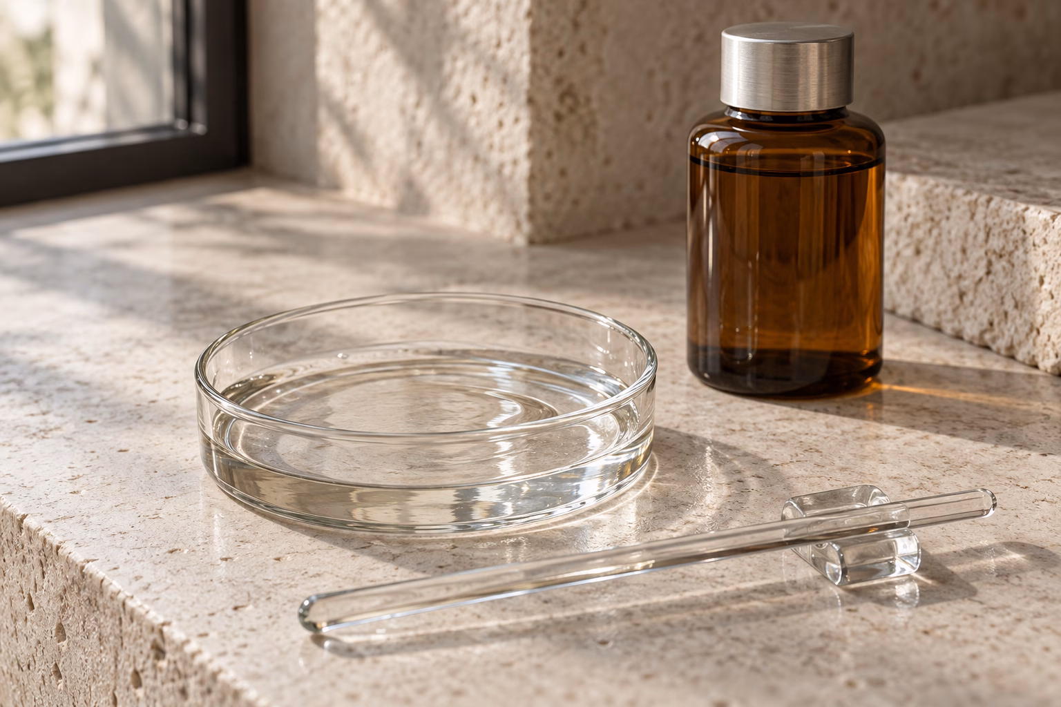AI development illustration of a clear liquid toner texture in a glass dish with a stirring rod