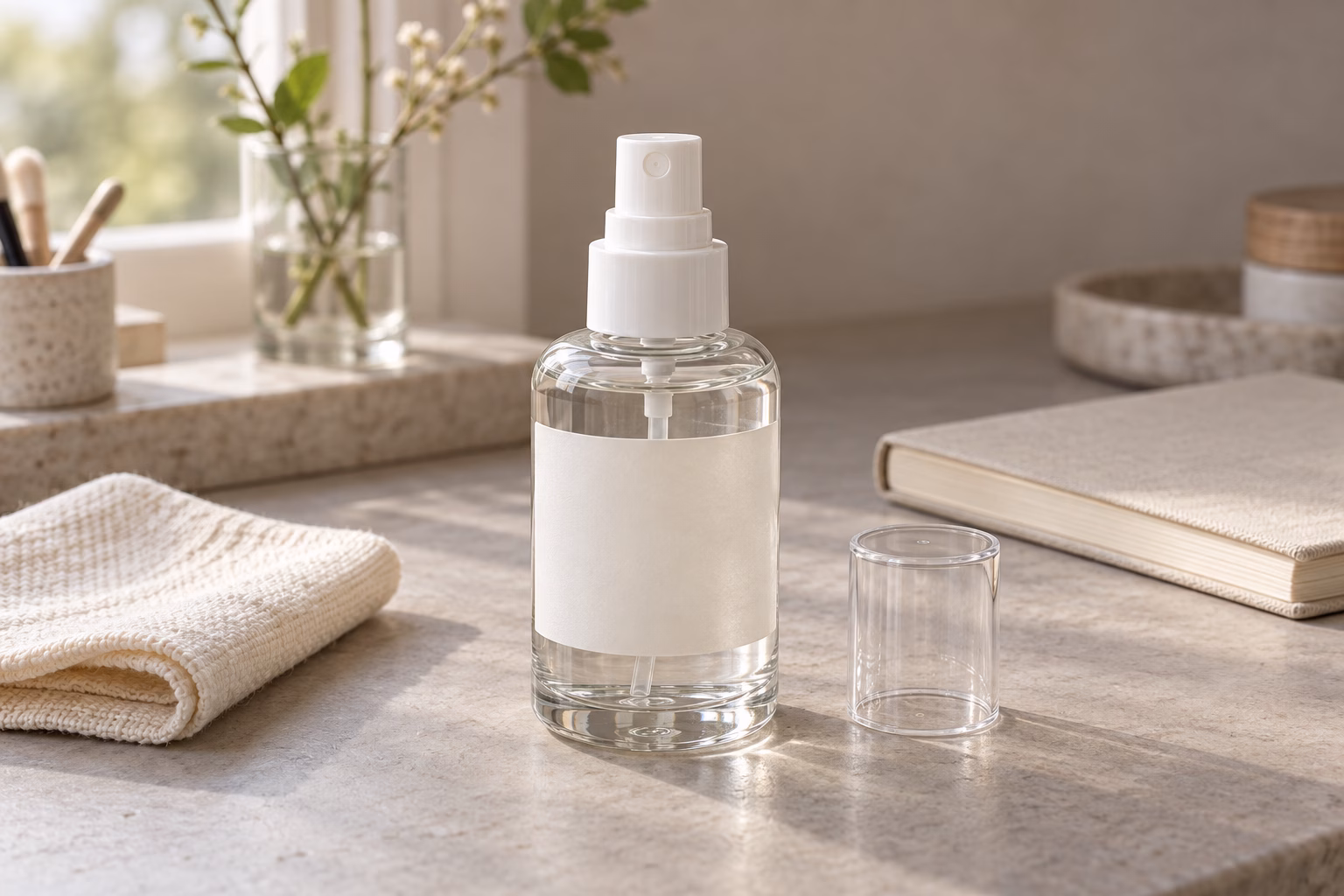 AI development illustration of a blank clear pump bottle for an underarm fragrance mist concept