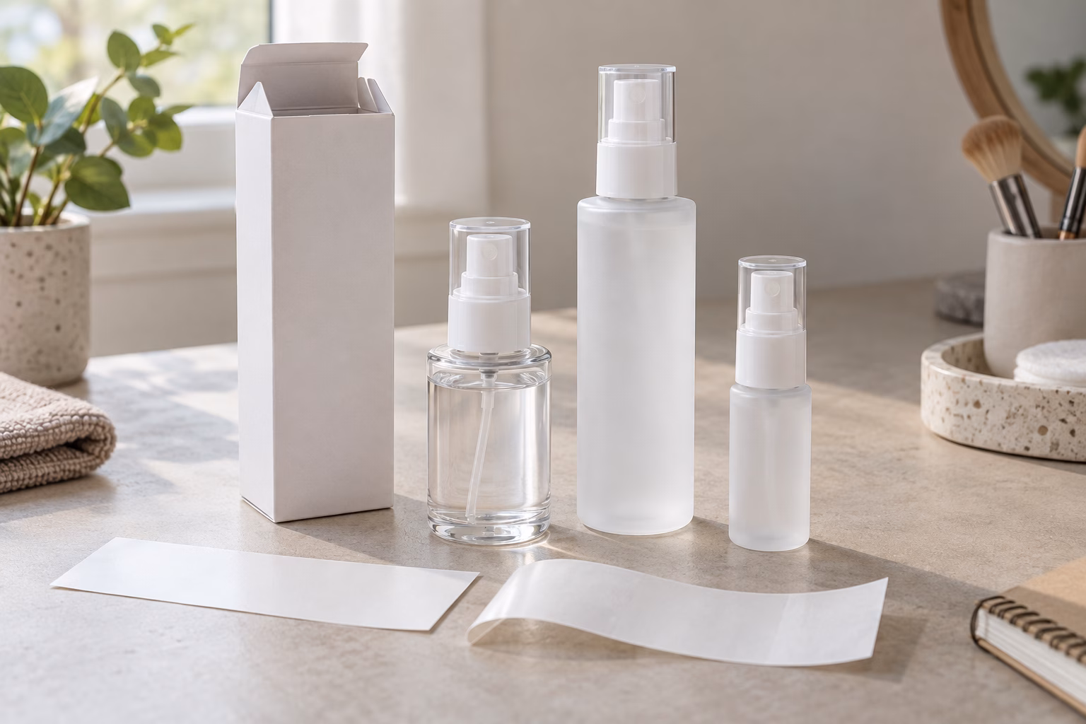 AI development illustration of three independent blank pump bottle sizes, carton and label options