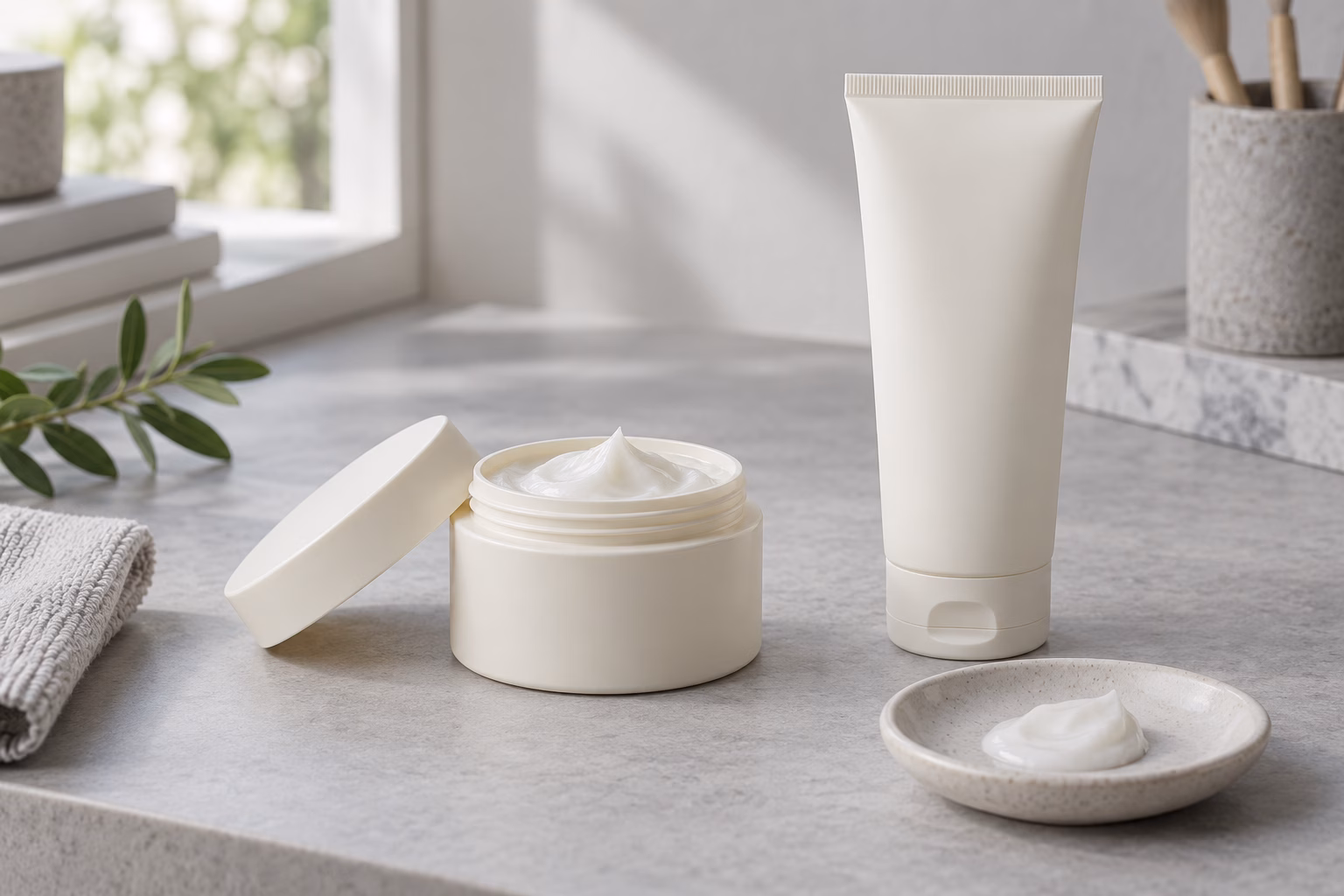 AI-generated development illustration of an unbranded cream jar, conventional squeeze tube and sample portion
