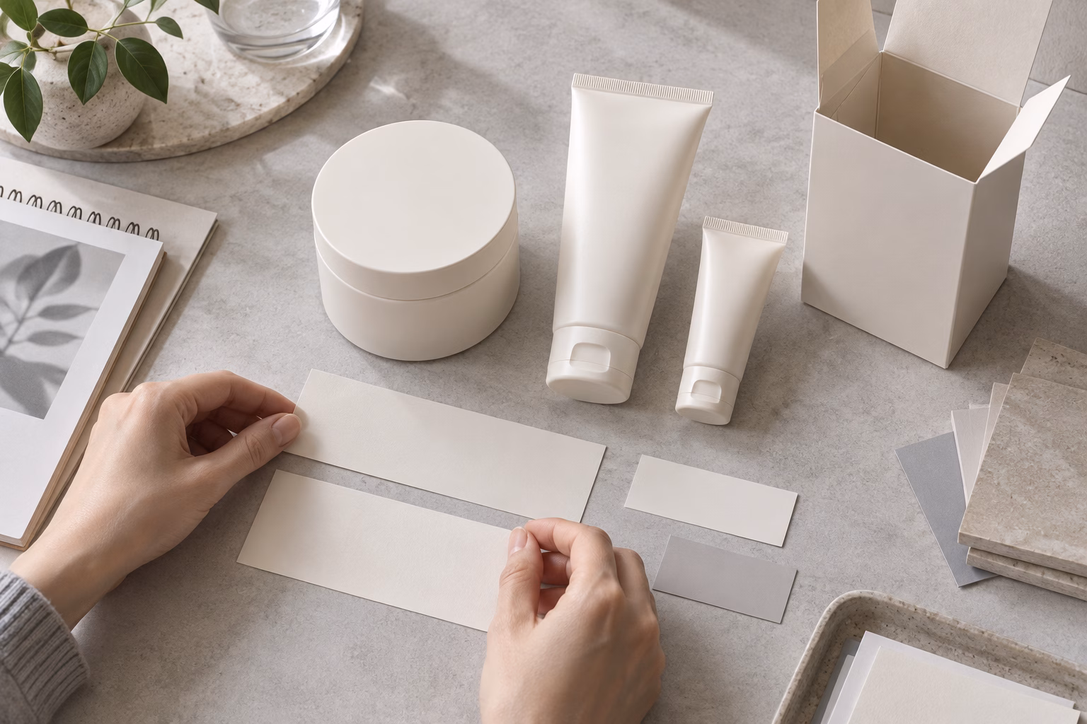 AI-generated development illustration of hands arranging blank label space and packaging for a cream and smaller companion