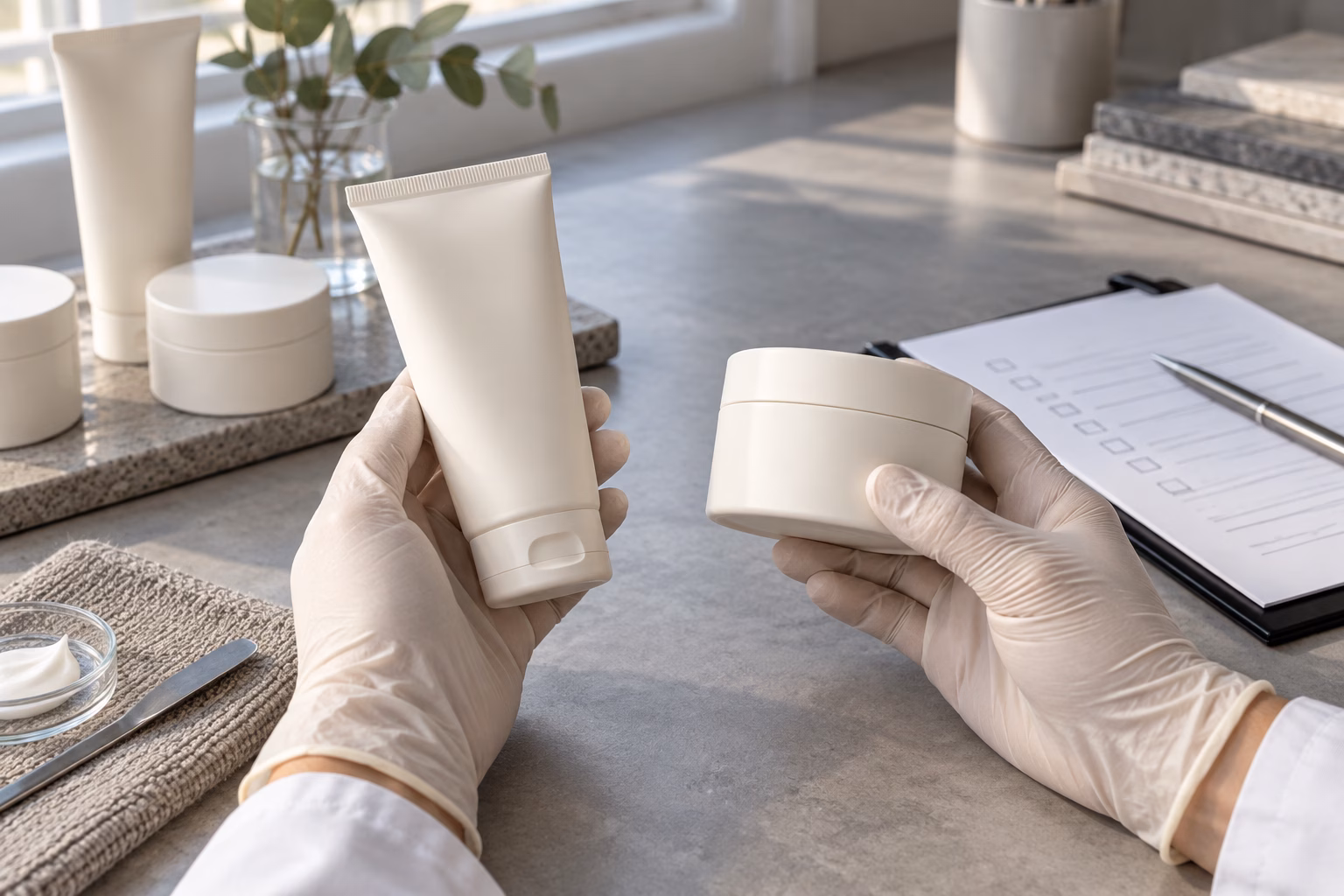 AI-generated development illustration of gloved hands comparing blank jar and tube closures at a sample table