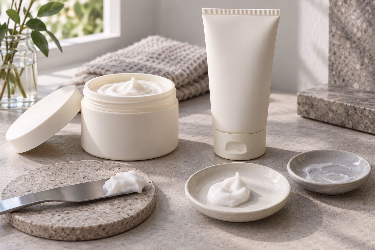 AI-generated development illustration of cream portions and a hypothetical residue comparison beside blank packaging