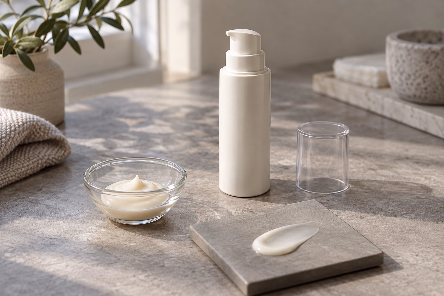 AI development illustration of a plain pump bottle and hypothetical ivory creamy-serum sample
