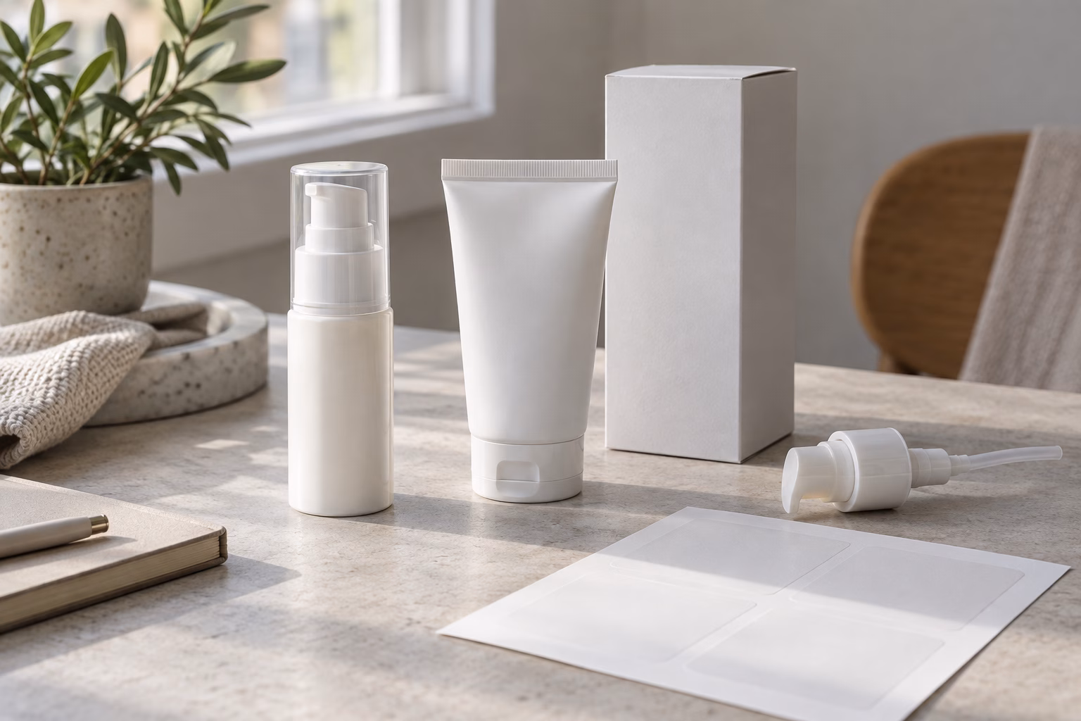 AI development illustration of ordinary pump, tube, carton and blank-label packaging options