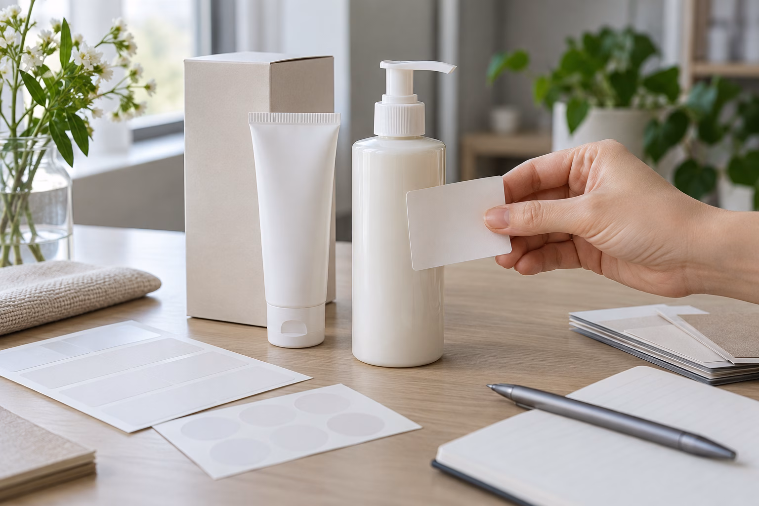 AI development illustration of a hand reviewing a blank lotion label beside conventional packaging