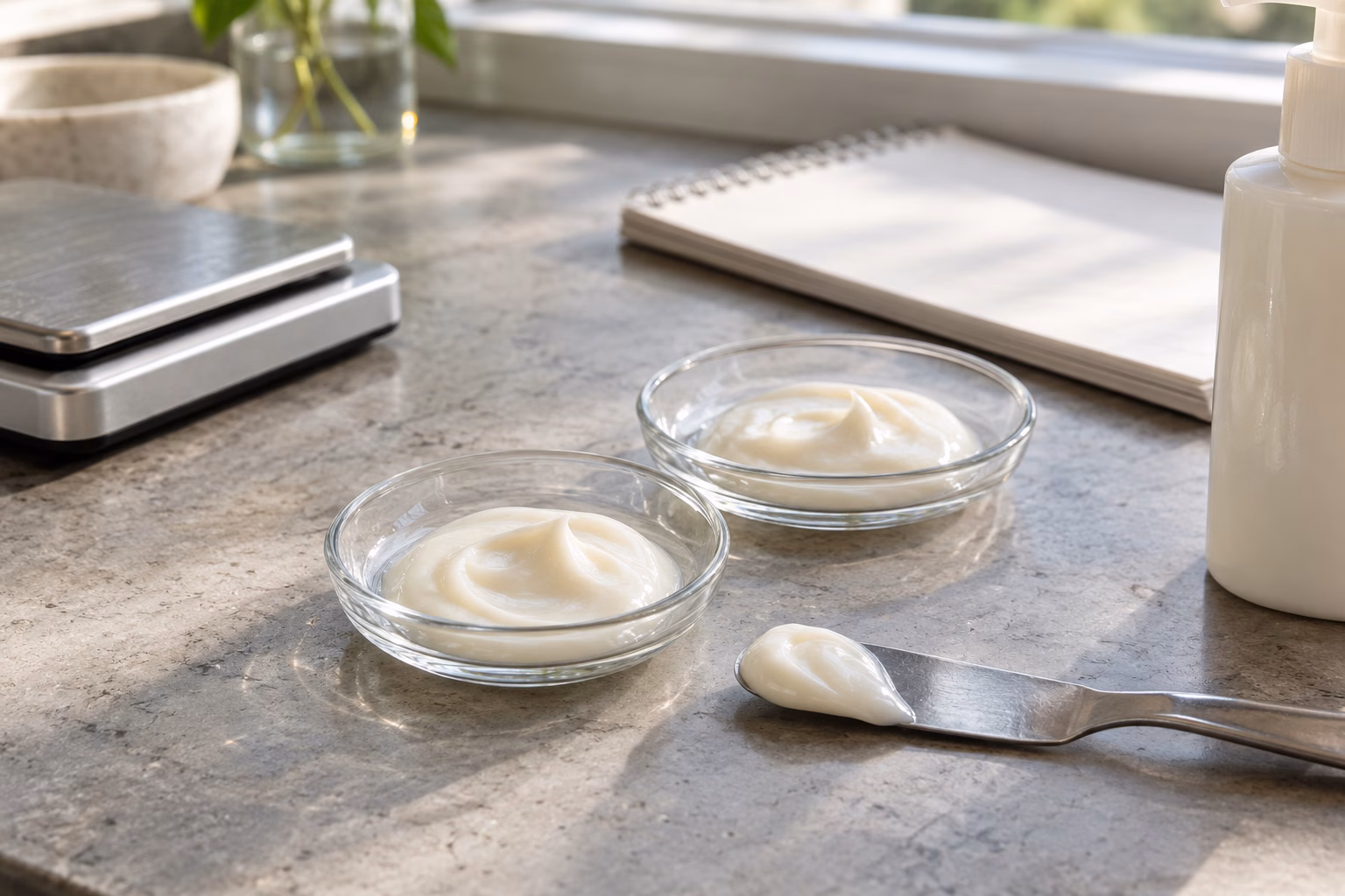 AI development illustration of hypothetical lotion portions in separate weighing dishes