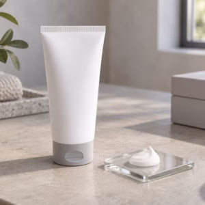 AI development illustration of an unbranded cream tube and hypothetical texture sample for private label development review