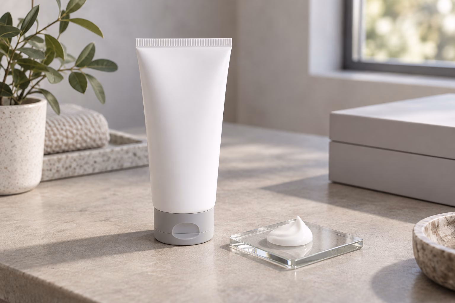AI development illustration of an unbranded cream tube and hypothetical texture sample for private label development review
