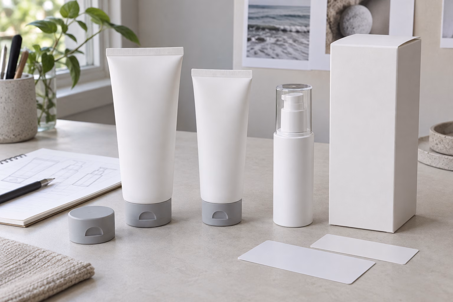 AI development illustration of undecorated cream tubes, pump packaging and blank carton options