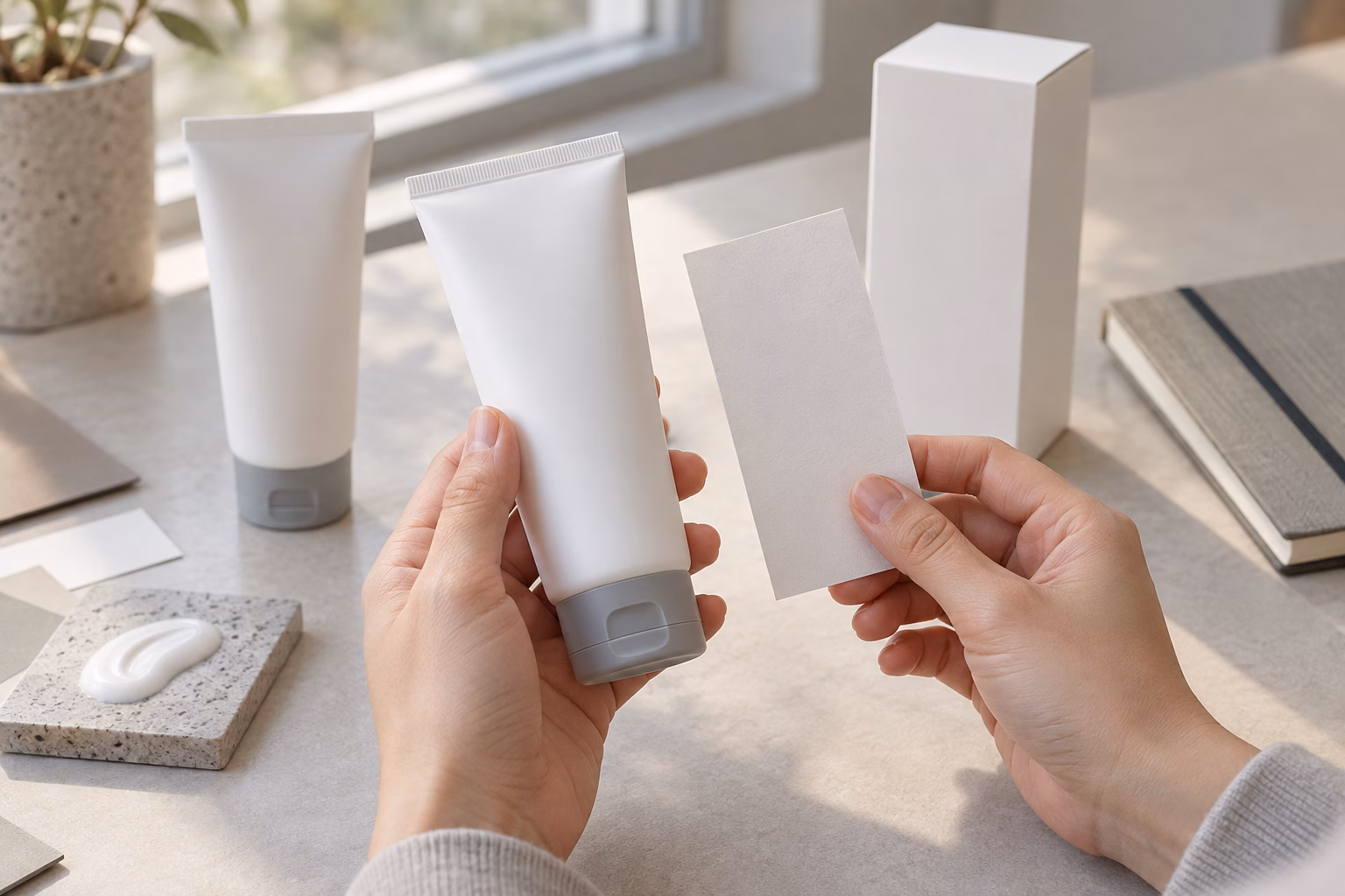 AI development illustration of hands comparing an undecorated tube with a blank label swatch