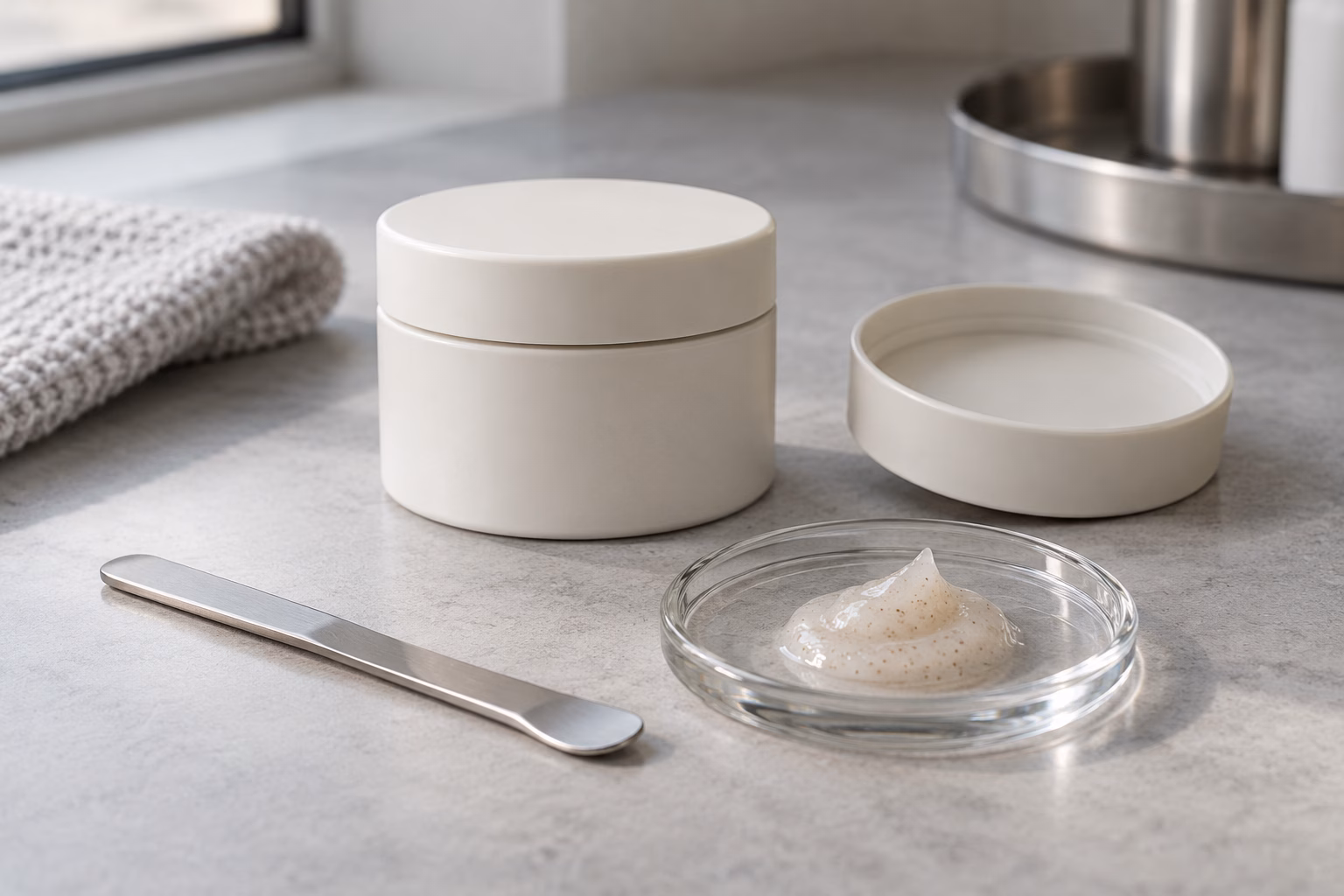 AI development illustration of a neutral jar and hypothetical pale scrub sample