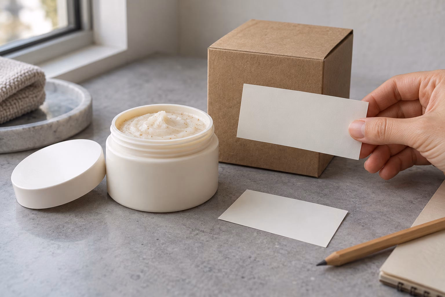 AI development illustration of a hand reviewing blank artwork slips beside a jar and carton