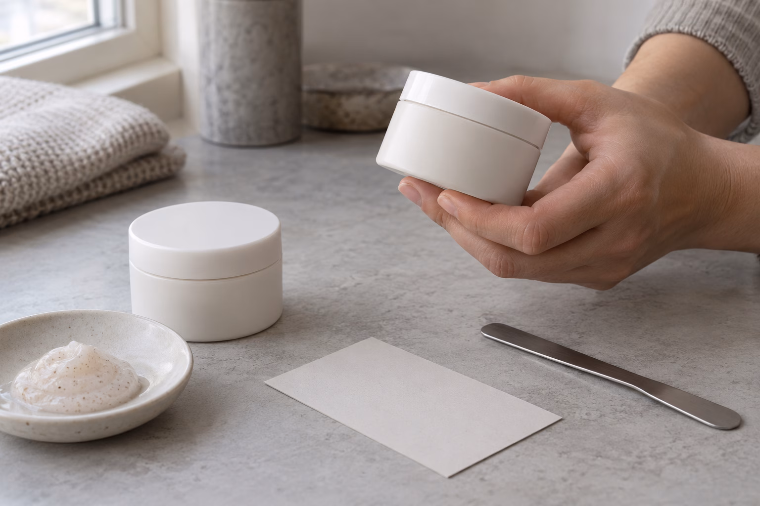 AI development illustration of a hand examining the outside of a neutral sample jar