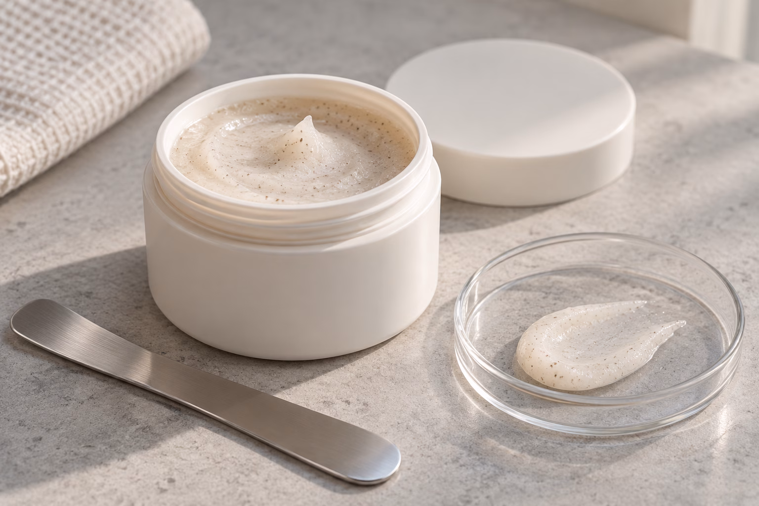AI development illustration of an opened neutral jar and hypothetical cream-gel particle sample