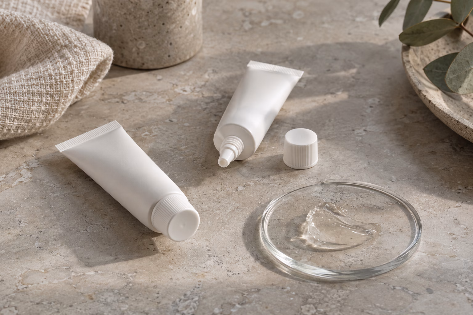 AI-generated development illustration of ordinary unbranded lip-gel tubes and a hypothetical gel portion