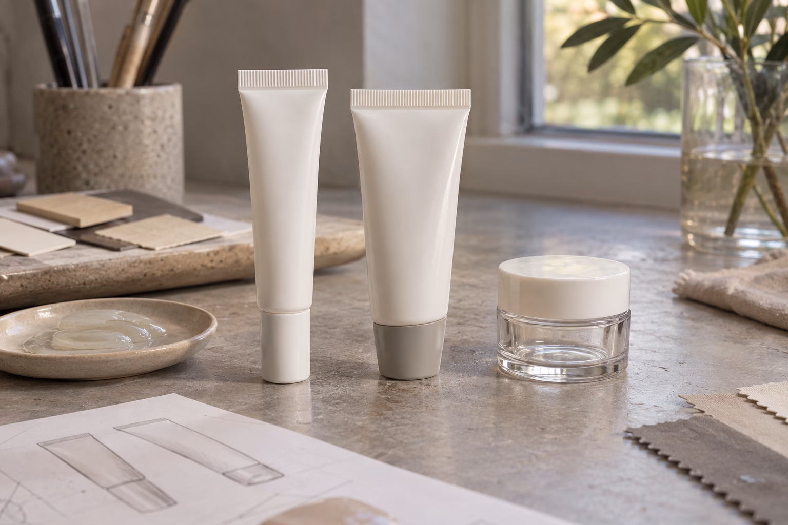AI-generated development illustration of unprinted conventional closed tubes and a sample jar for component discussion