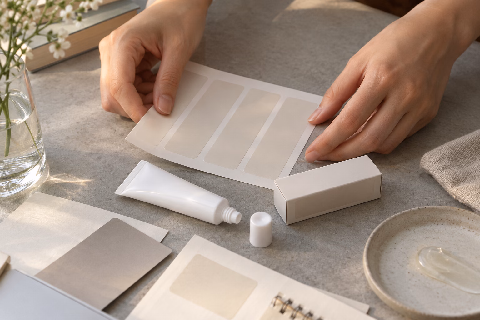 AI-generated development illustration of hands arranging blank labels, an unprinted tube and a plain carton