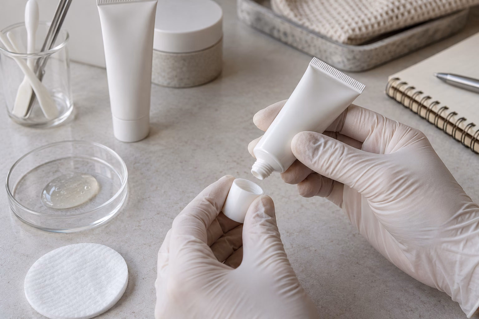 AI-generated development illustration of gloved hands reviewing an ordinary unprinted tube and cap