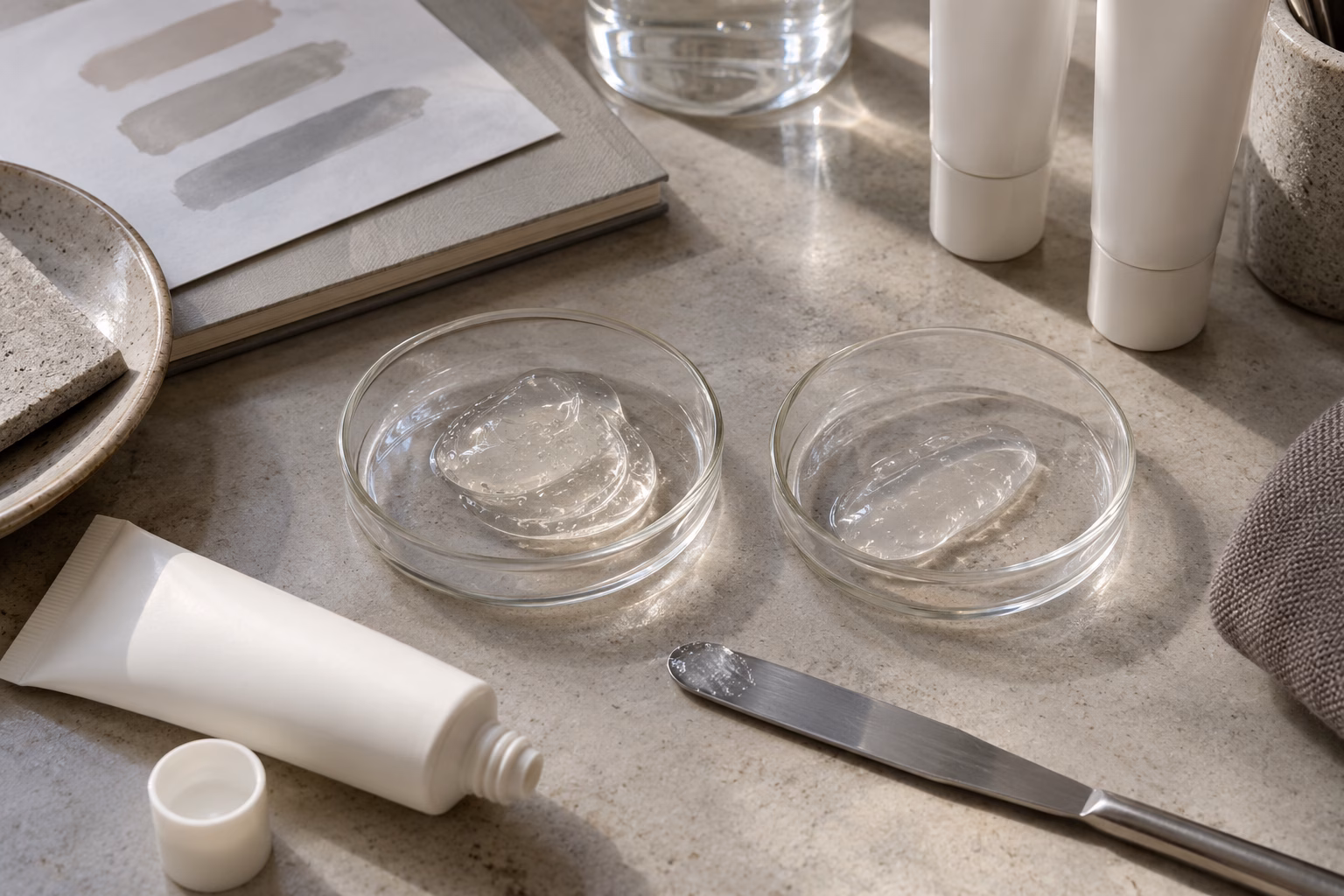 AI-generated development illustration of two hypothetical translucent gel portions for texture discussion