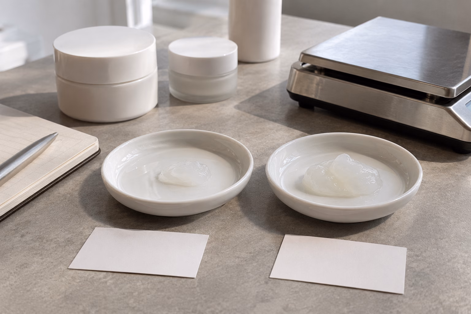 AI-generated development illustration of two hypothetical gel-cream portions beside blank recording cards