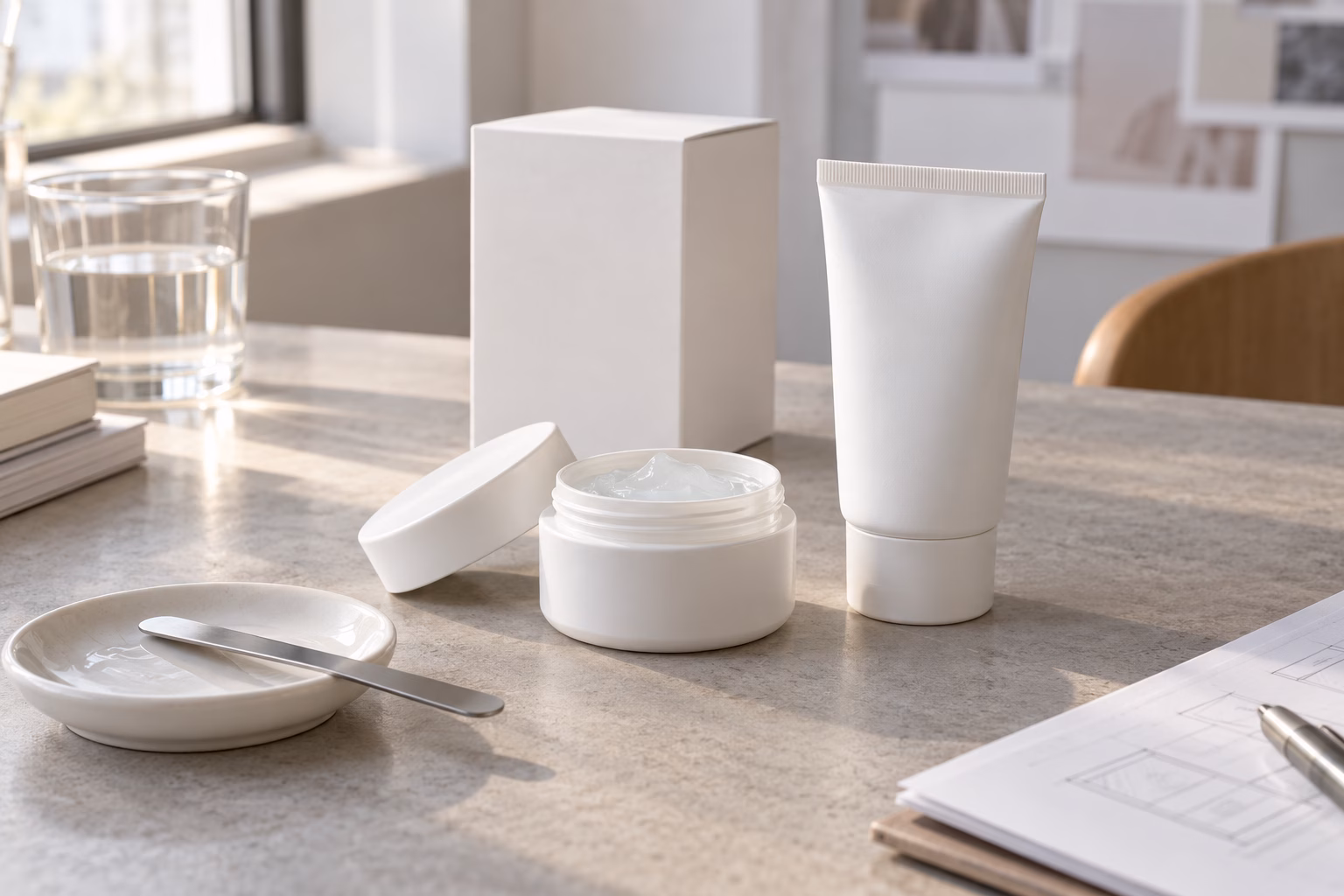 AI-generated development illustration of conventional blank jar and tube beside a hypothetical gel-cream portion