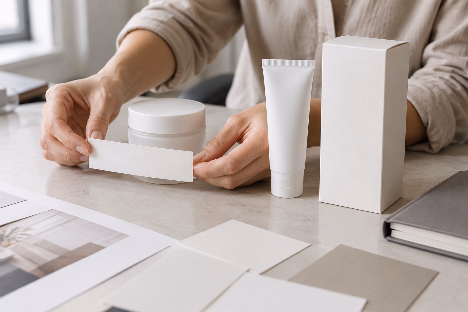 AI-generated development illustration of hands reviewing a blank label beside ordinary jar, tube and carton