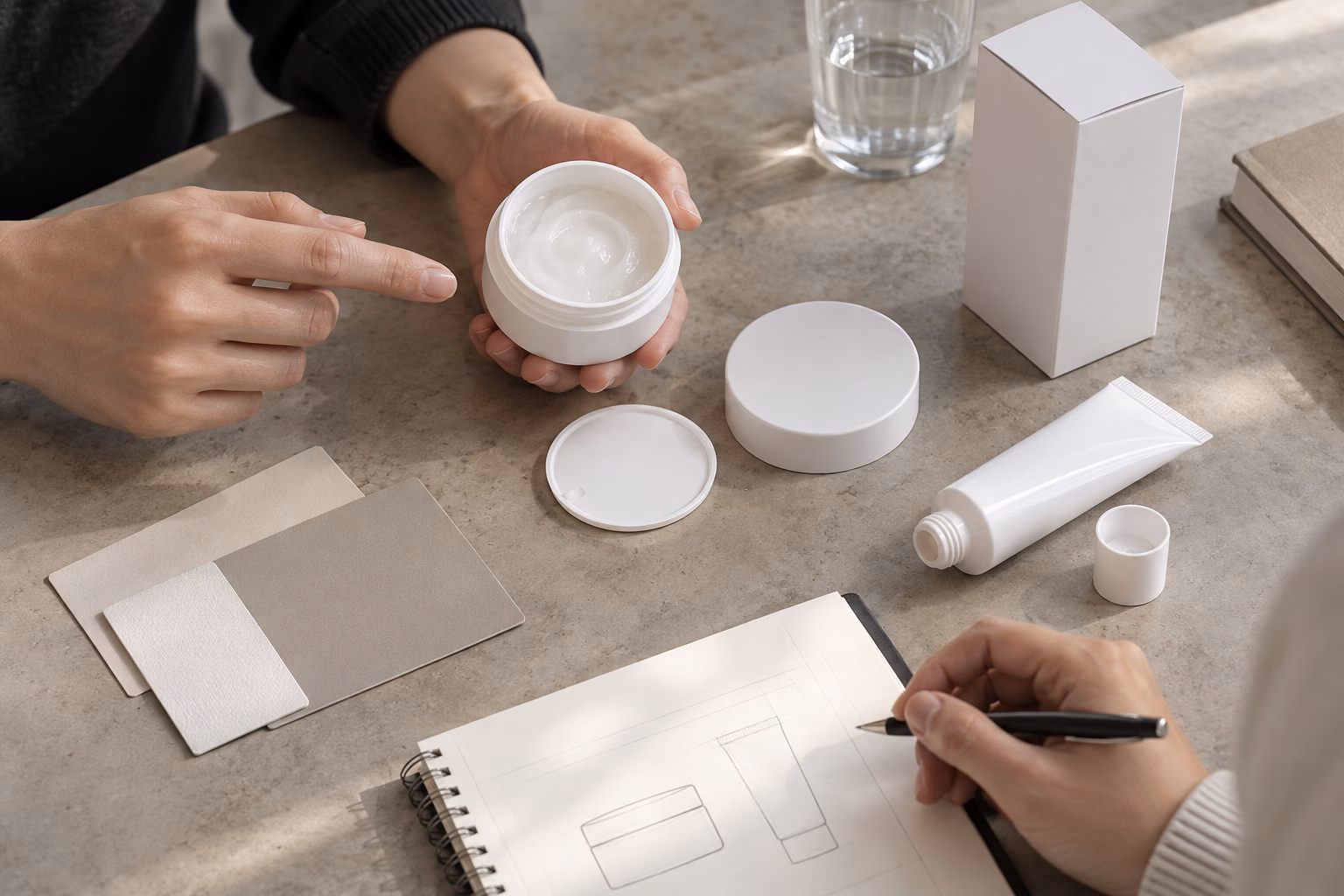 AI-generated development illustration of hands discussing ordinary jar, inner lid and squeeze-tube components