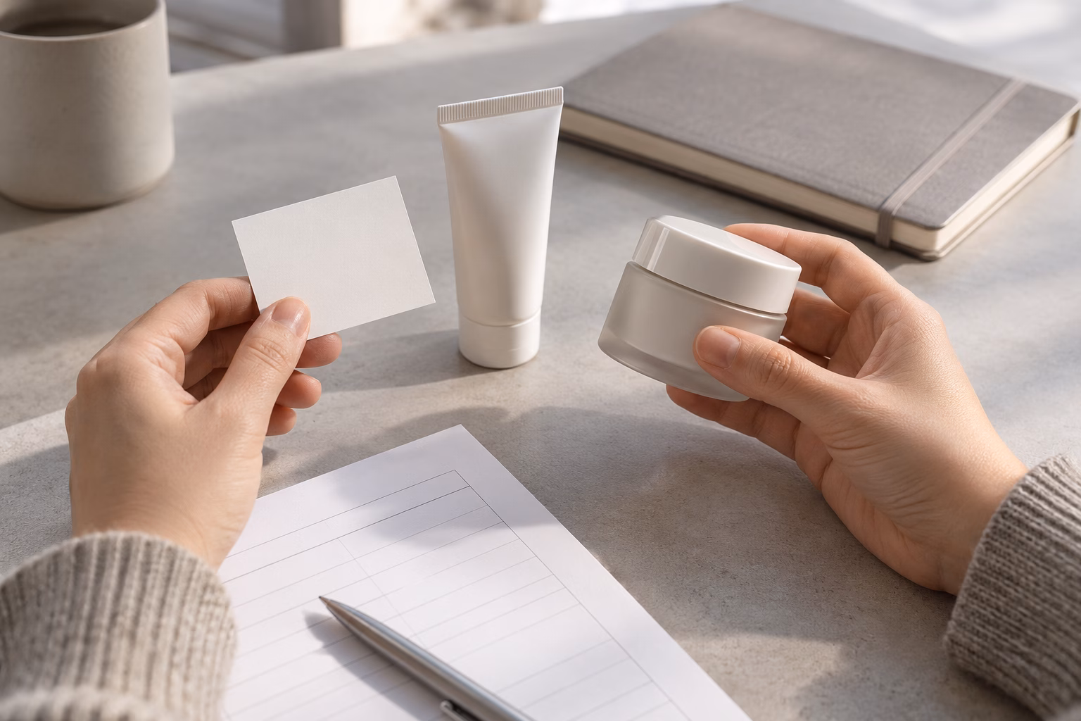 AI-generated development illustration of hands holding a blank sample card and a conventional cream jar