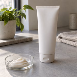 AI development illustration of a neutral tube and hypothetical rinse-off body conditioner cream