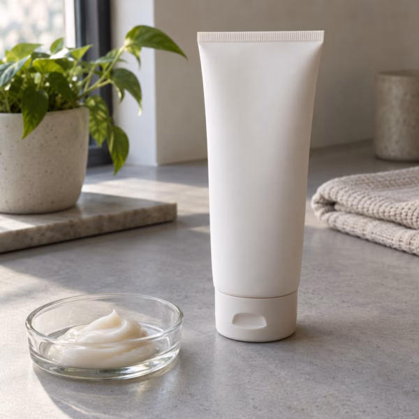 AI development illustration of a neutral tube and hypothetical rinse-off body conditioner cream
