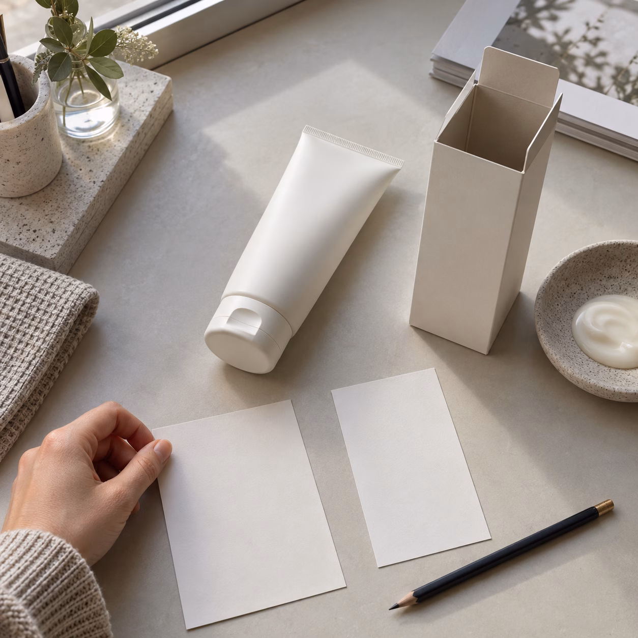 AI development illustration of blank label slips and a plain carton beside a neutral tube