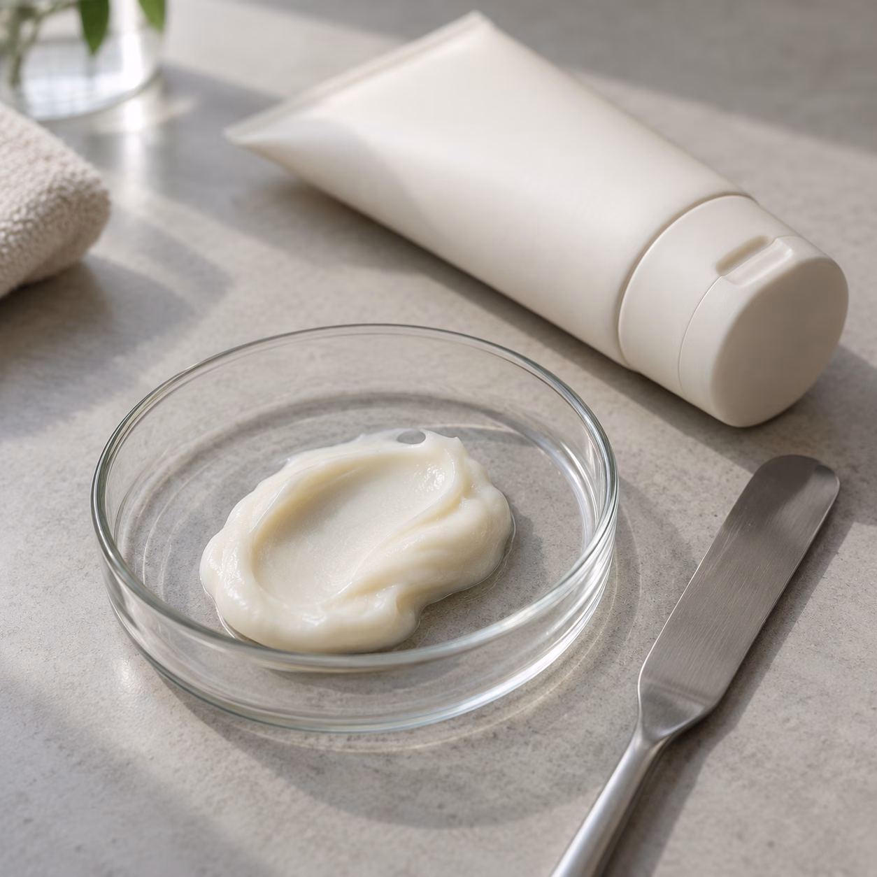 AI development illustration of an off-white cream swatch and plain spatula for texture discussion