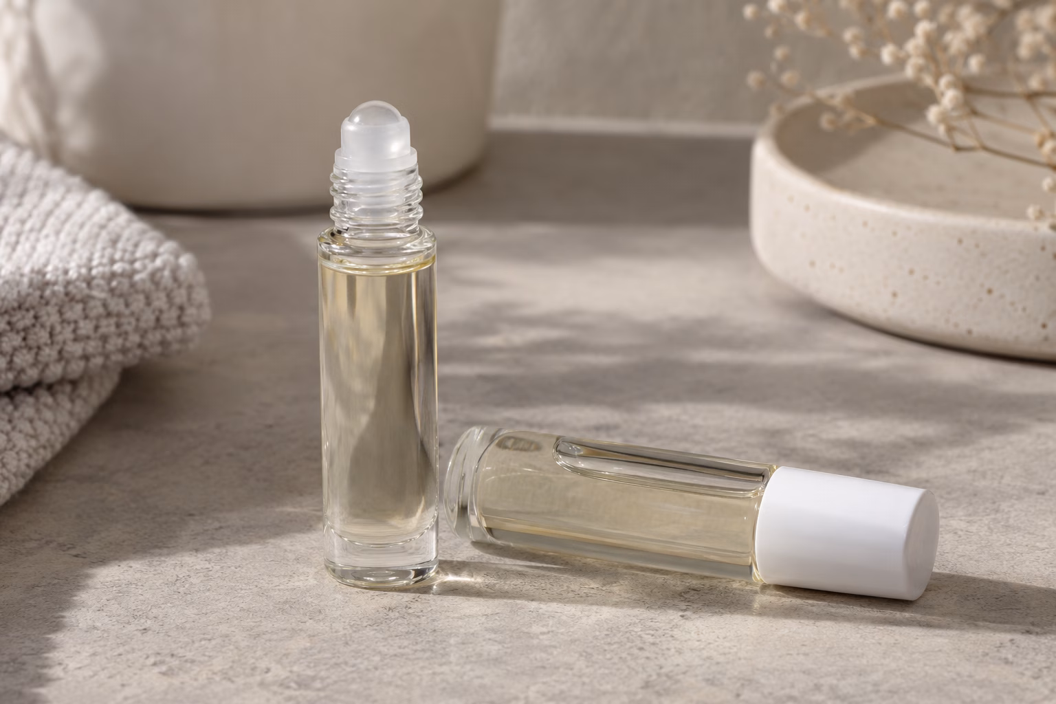 AI-generated development illustration of ordinary unbranded glass roller bottles with a hypothetical pale cosmetic oil