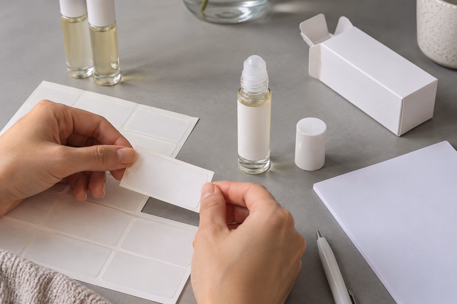 AI-generated development illustration of hands reviewing blank labels and a plain carton beside a roller bottle
