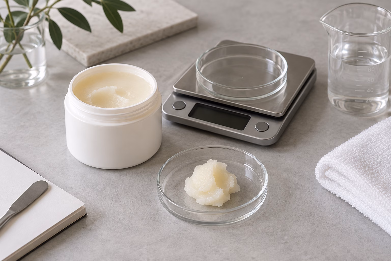 AI development illustration of a hypothetical balm portion review table with balance and sample dishes