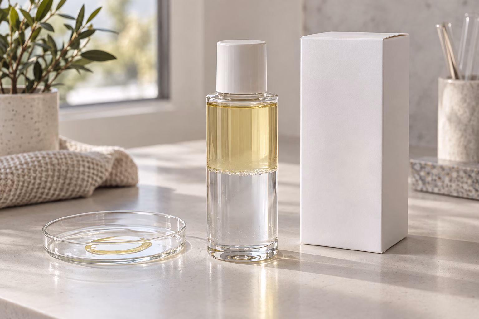 AI-generated development illustration of a blank dual-phase body serum-oil sample bottle and carton