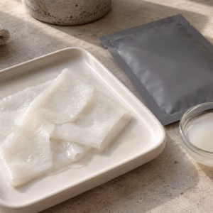 AI development illustration of a lotion-loaded facial sheet beside a neutral individual sachet