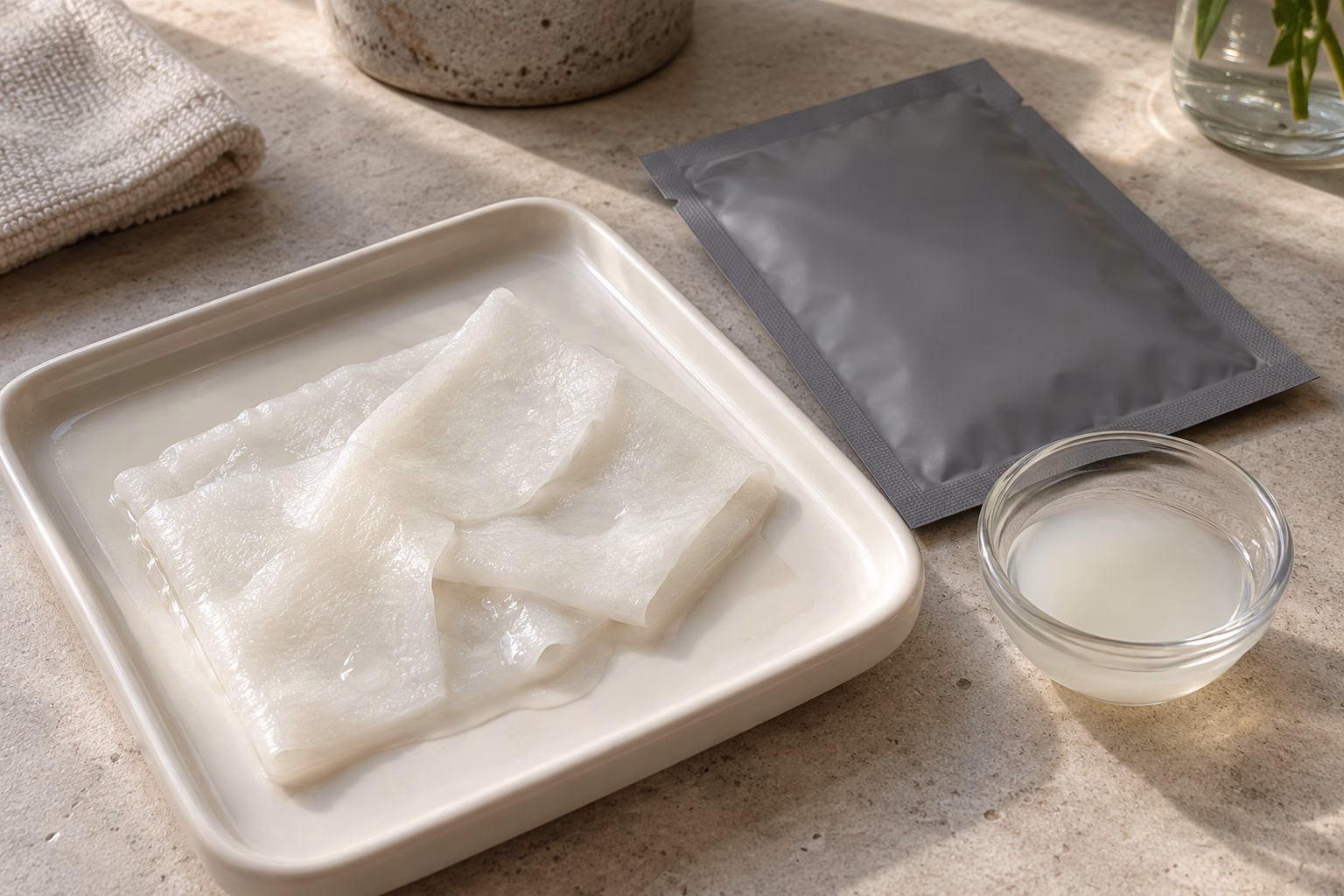AI development illustration of a lotion-loaded facial sheet beside a neutral individual sachet