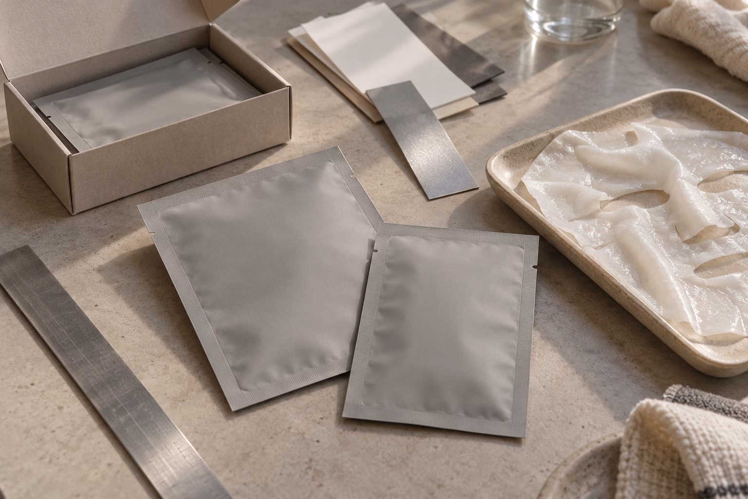 AI development illustration of unprinted sachets, carton and lotion-loaded sheet packaging options