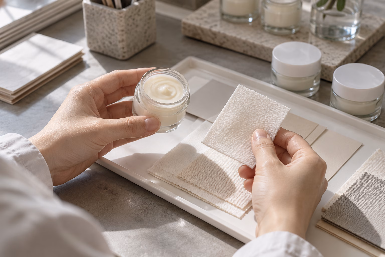 AI development illustration of hands comparing a fibrous carrier swatch and cosmetic emulsion sample