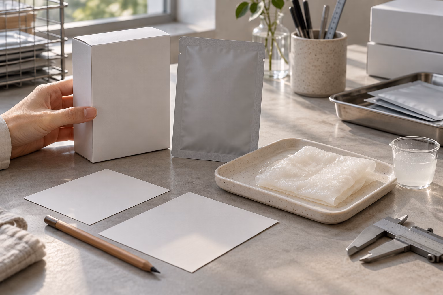 AI development illustration of blank sachet and carton artwork planning for an emulsion sheet mask